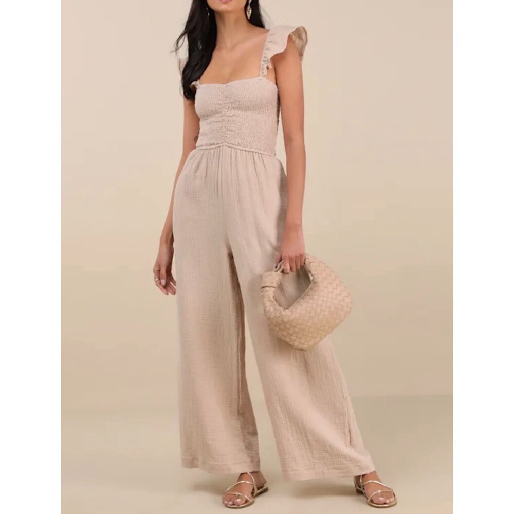 Lulus Daniyah Beige Smocked Flutter Sleeve Wide-Leg Jumpsuit Sz Medium Womens Be